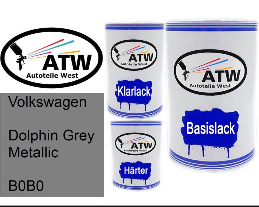 Volkswagen, Dolphin Grey Metallic, B0B0: 500ml Lackdose + 500ml Klarlack + 250ml Härter - Set, von ATW Autoteile West.